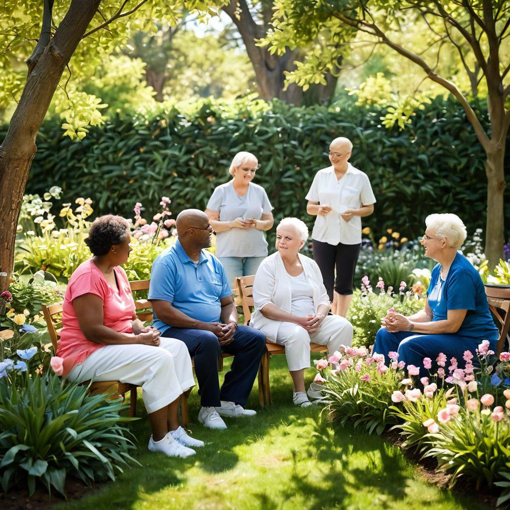 A serene environment depicting a diverse group of cancer survivors in a vibrant garden, engaging in various activities symbolizing recovery and hope. Include elements like flowers in full bloom, sunlight filtering through trees, and supportive relationships among individuals. Infuse a sense of resilience and triumph over adversity. soft-focus, warm colors, painting.