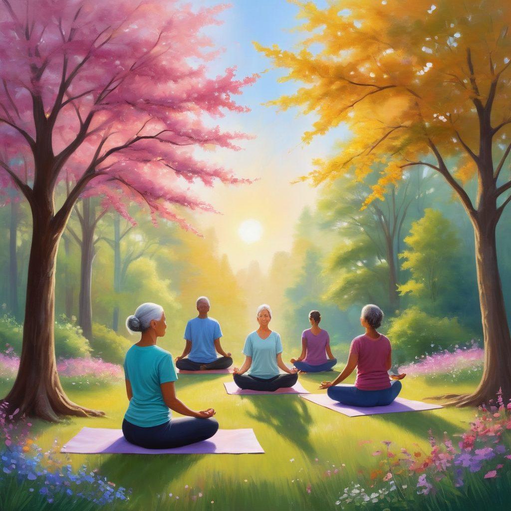 A serene and calming landscape depicting a diverse group of cancer survivors engaging in holistic therapies like yoga, meditation, and nature walks. Incorporate symbols of hope and healing, such as blooming flowers and sunlight filtering through trees. Show diversity in age and ethnicity to represent inclusivity in survivorship. Soft, soothing colors with a warm atmosphere to evoke feelings of peace and strength. painting. vibrant colors. natural light.